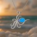 Silver octopus necklace with geometric opal inlay pendant on stainless steel chain