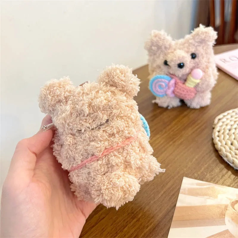 Cute lollipop ice cream bear plush earphone sleeve for AirPods in velvet material