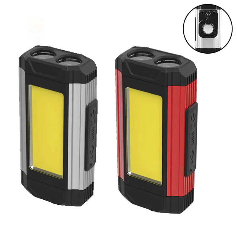 Rechargeable 10W COB LED work light with 360-degree rotation in red or silver, for auto repair and camping.