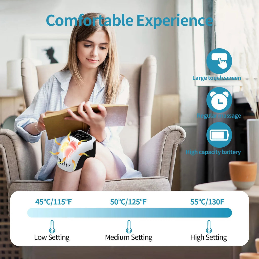 White electric knee massager with adjustable straps showing infrared heating and kneading mechanisms