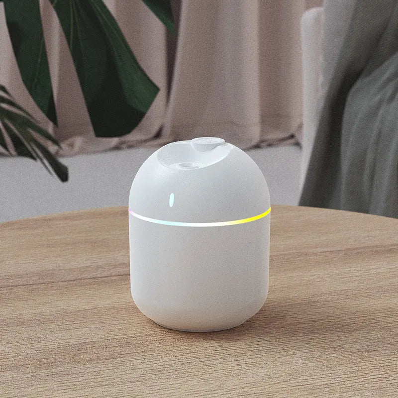 USB water drop humidifier in white, pink, or green with colour light, mute operation, and 2-8 hour timer