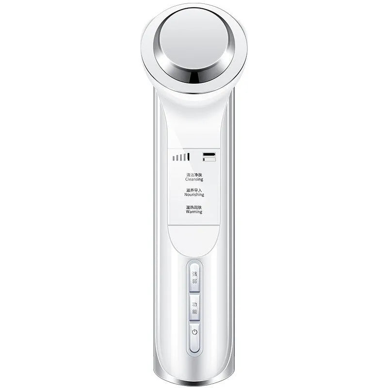 Facial cleansing instrument in pink or white, USB rechargeable, 168x46x45mm, 120g, with blackhead removal and massage functions.