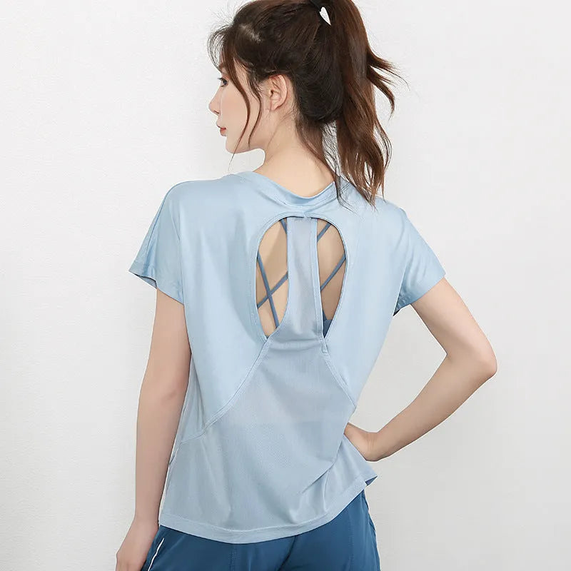 Women's short sleeve polyester sports T-shirt in black, grey-green, sky blue and pink colours