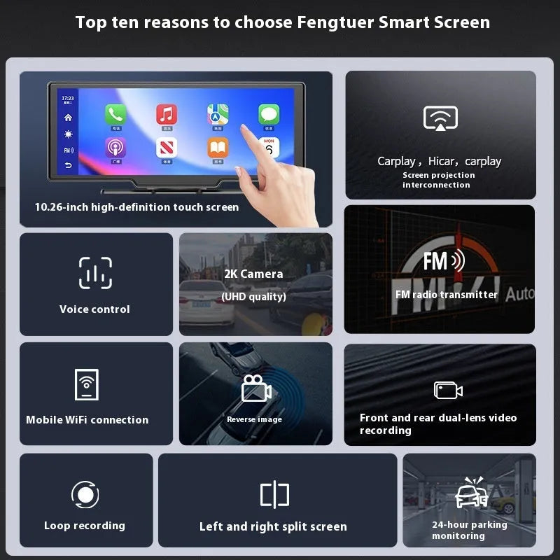 10-inch car smart screen with Carplay navigation and integrated front and rear driving recorder on a dashboard