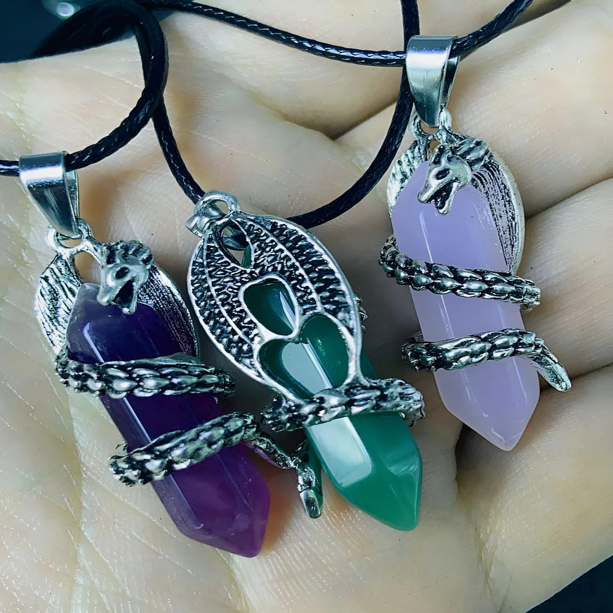 Crystal flying dragon pendant necklace with polished finish, available in multiple colours and chain, leather rope, or single pendant options.