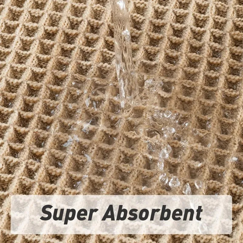 Checkered pattern non-slip absorbent bathroom carpet on a tiled floor.