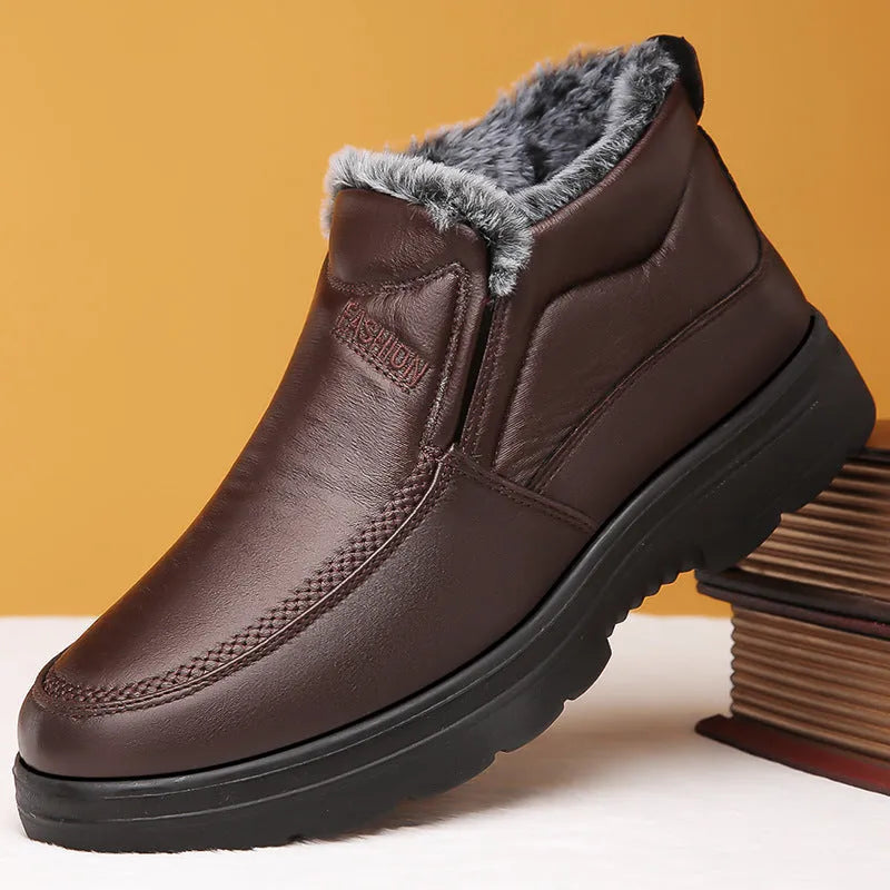 Men's black fleece-lined waterproof winter slippers with a non-slip rubber sole.