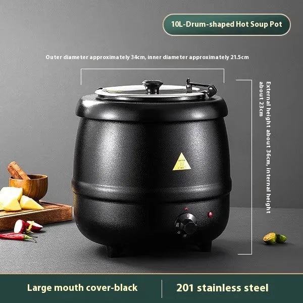 Black 10-litre stainless steel electric insulation pot with large mouth cover and plug