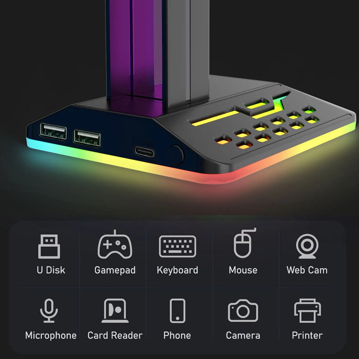 RGB headphone display stand with colour changing lights and dual USB ports in acrylic construction
