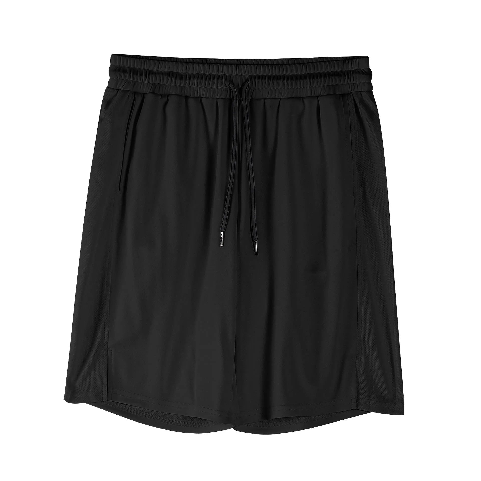 Men's black quick-drying mesh shorts with elastic waistband and loose casual fit