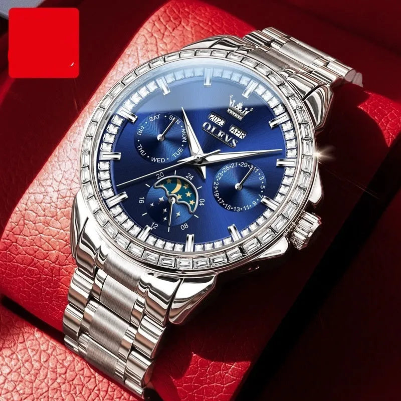 Men's stainless steel automatic mechanical watch with diamond hour markers and transparent case back