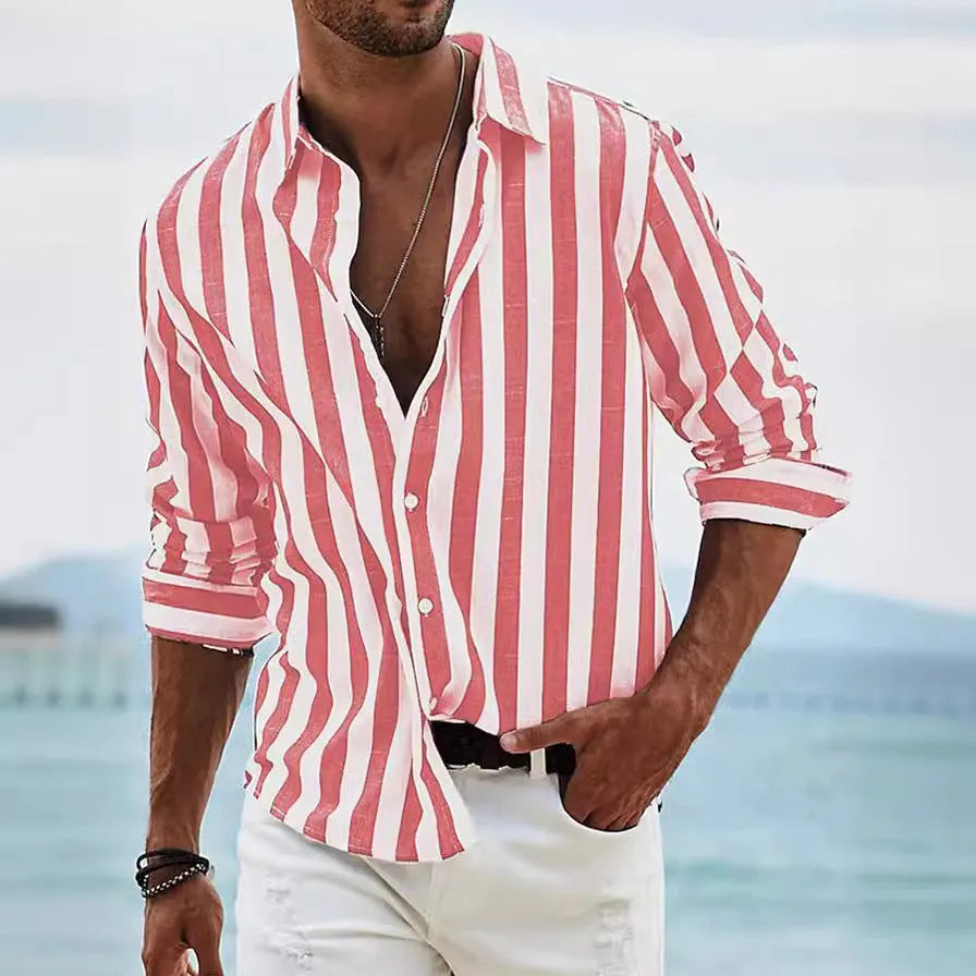 Man wearing loose-fitting striped long-sleeved shirt in polyester fabric with British casual style