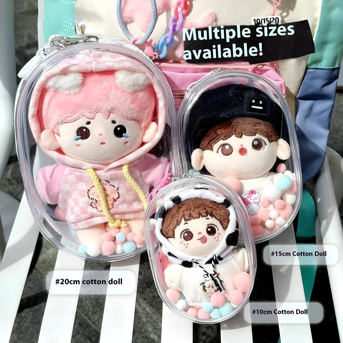 Clear PVC cube-style storage bag for cotton dolls, postcards, and collectibles in 13cm, 17cm, and 23cm sizes.