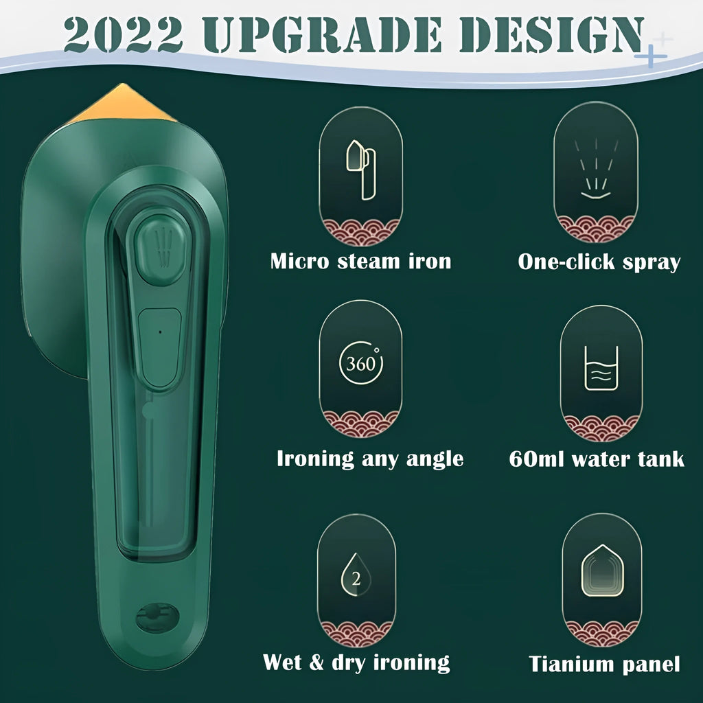 Dark green handheld garment ironing machine with titanium panel and mini steam design for travel and home use.