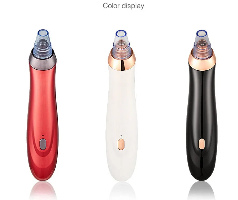 Handheld electric blackhead remover device in black with multiple nozzle attachments.