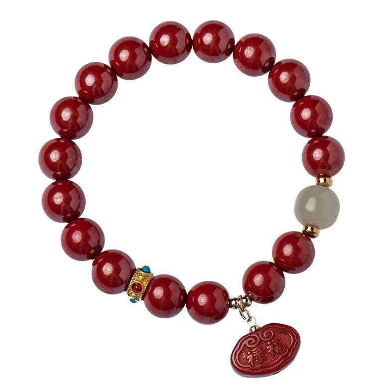 Natural cinnabar Emperor Sandstone Ping An Fu Lu bracelet in 8mm and 10mm bead sizes