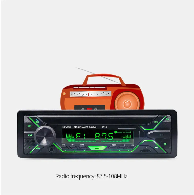 Car radio MP3 player with Bluetooth, LCD display, rotary volume knob, and multiple input ports