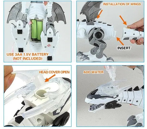 Intelligent robot toy dinosaur with sound, light, and water spray mist, 47x27x18cm, in white or green