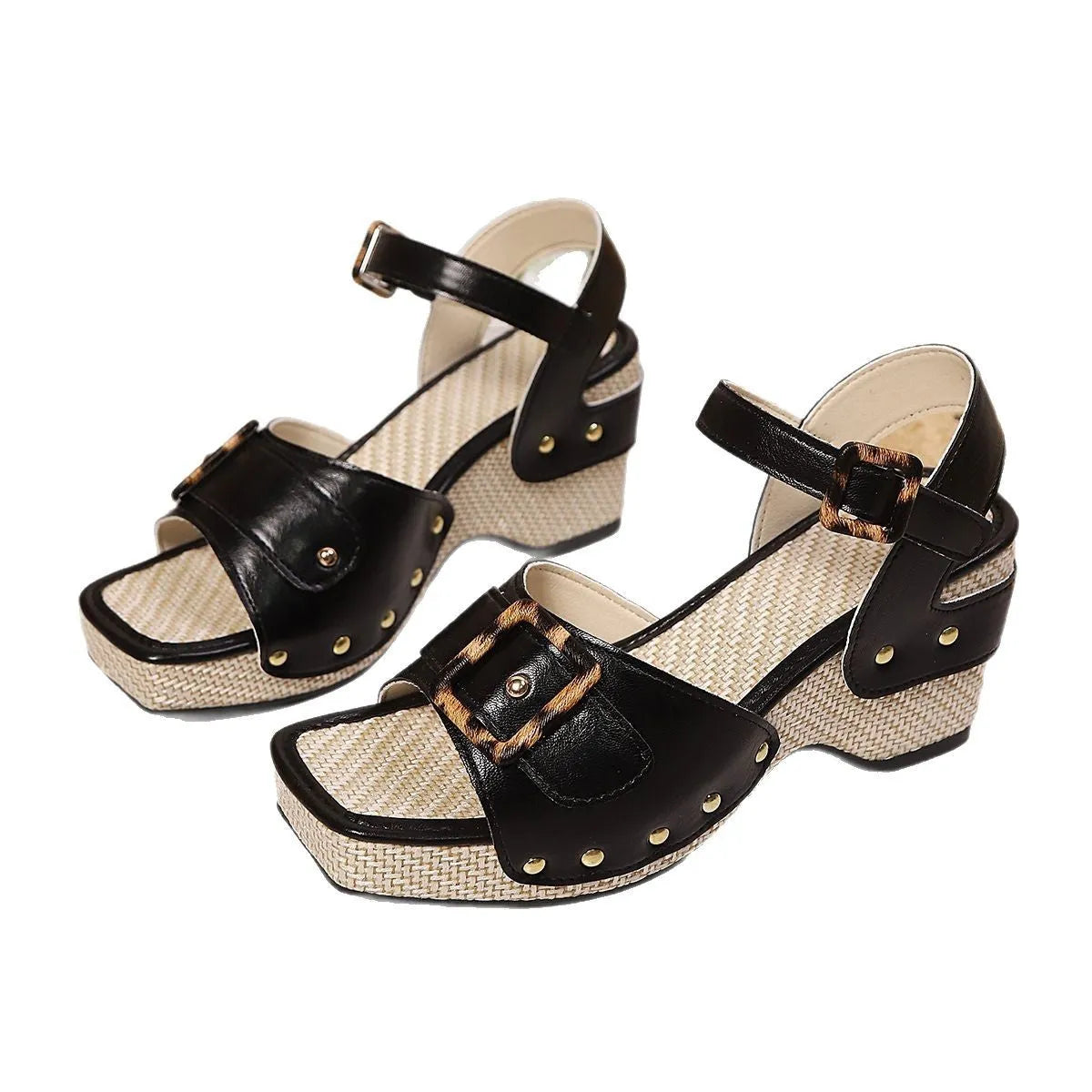 White women's chunky heel sandals with square toe and metal buckle closure on a light background.