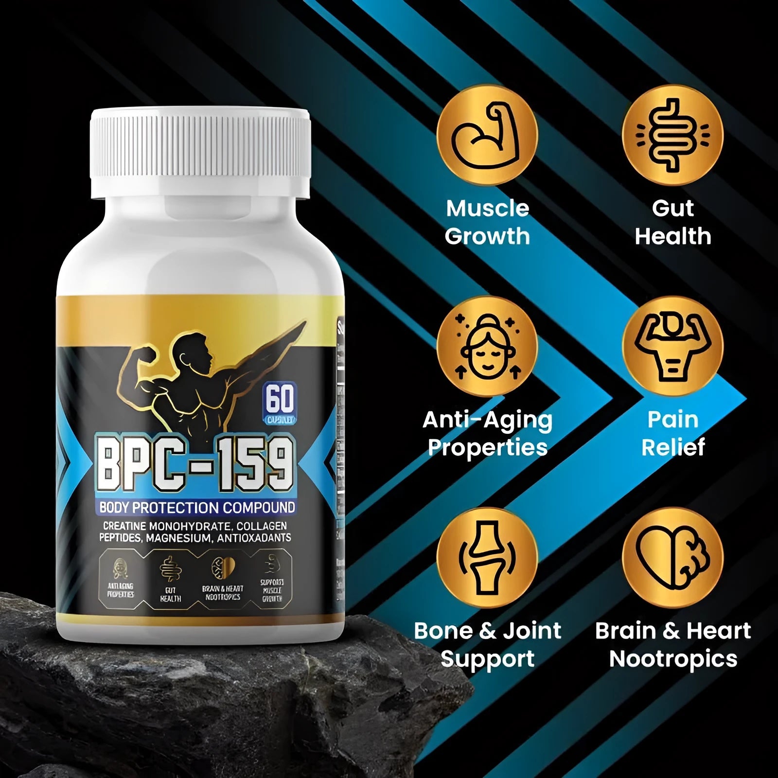 Bottle of body energy supplement capsules for general wellness support