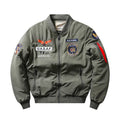 Men's slim-fit black retro embroidery motorcycle coat with a stand collar and patch pockets.