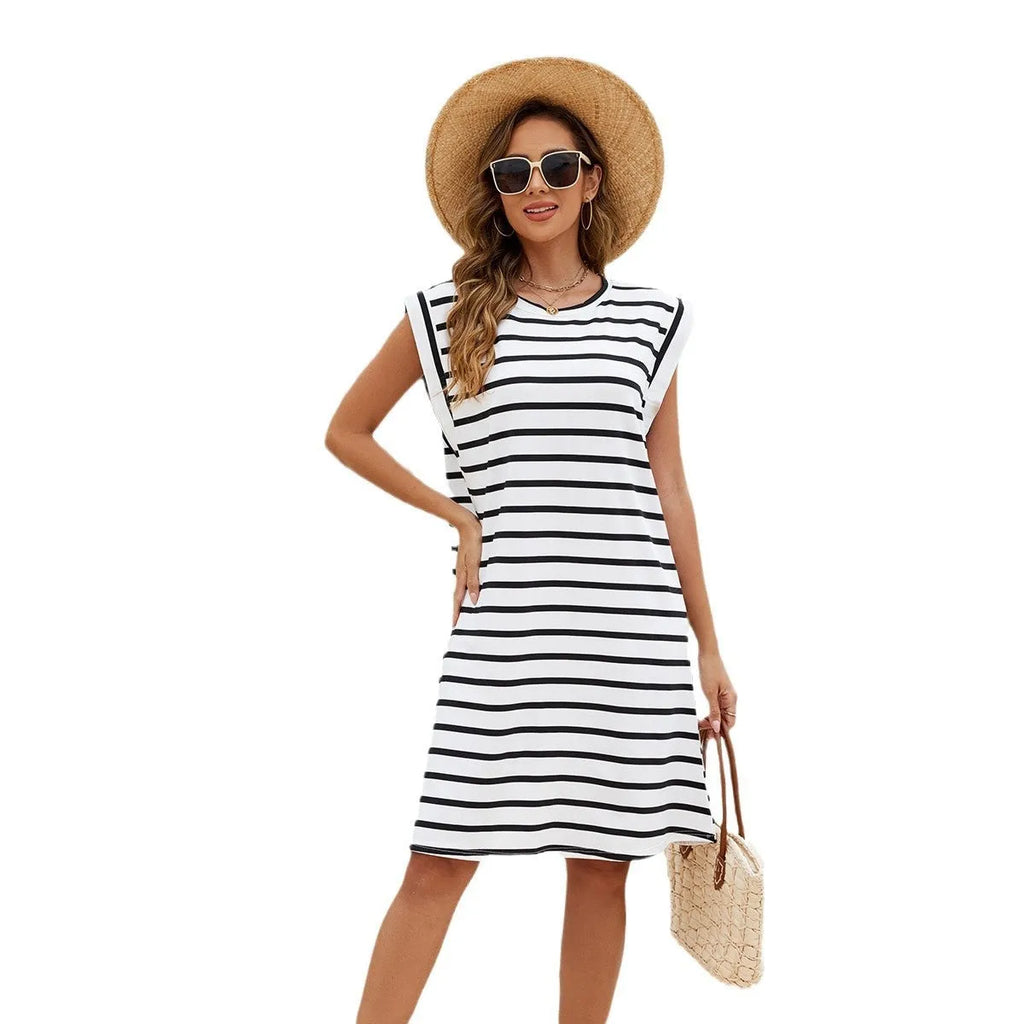 Women's black and white striped polyester beach cover-up blouse, free size.