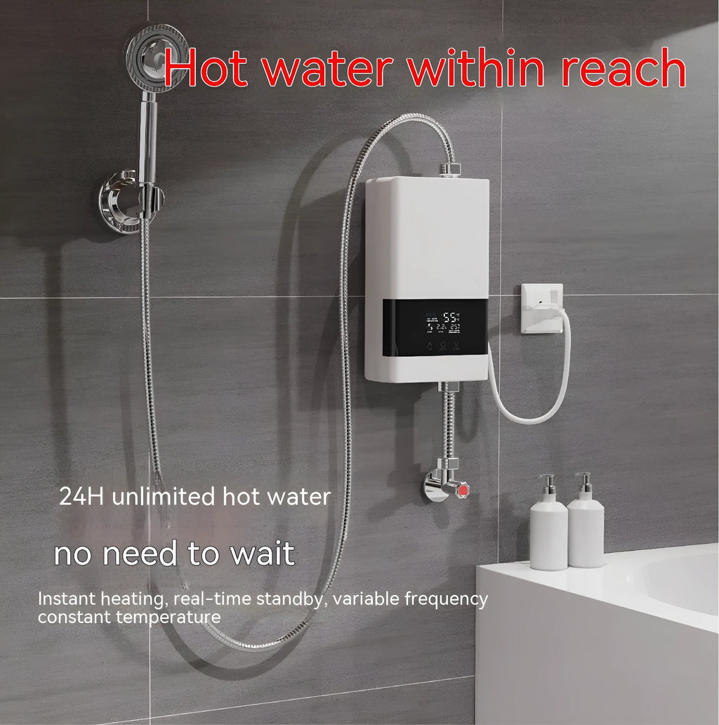 Quick-heating household water heater with LED touch screen display in silver finish