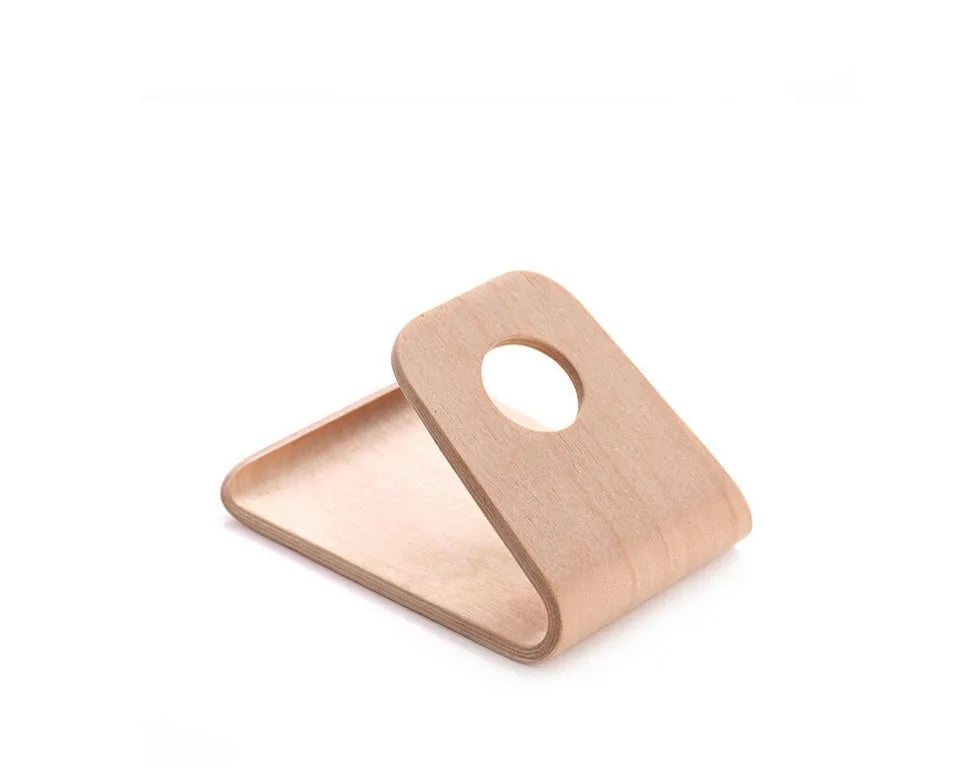 Wooden iPhone charging stand in walnut or white maple finish with cable management