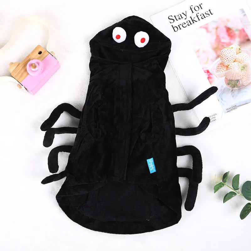 Dog wearing black spider pattern Halloween costume with polyester construction