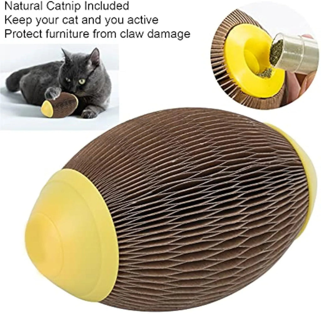 Ellipse-shaped corrugated paper catnip ball toy with scratch surface for cats.
