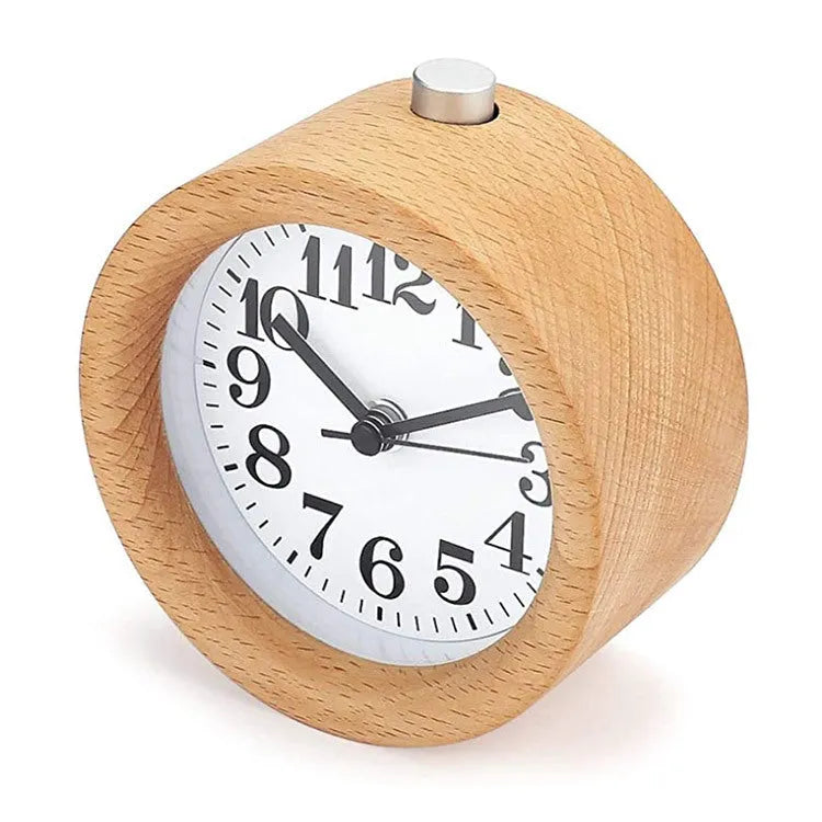 Solid beech wood alarm clock with 4-inch mirror dial and wooden casing