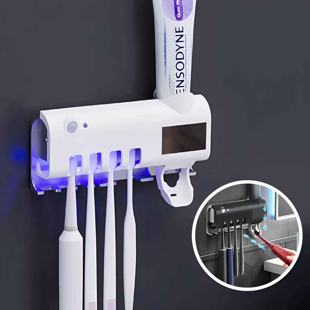 Wall-mounted UV toothbrush steriliser with automatic toothpaste squeezer and solar panel