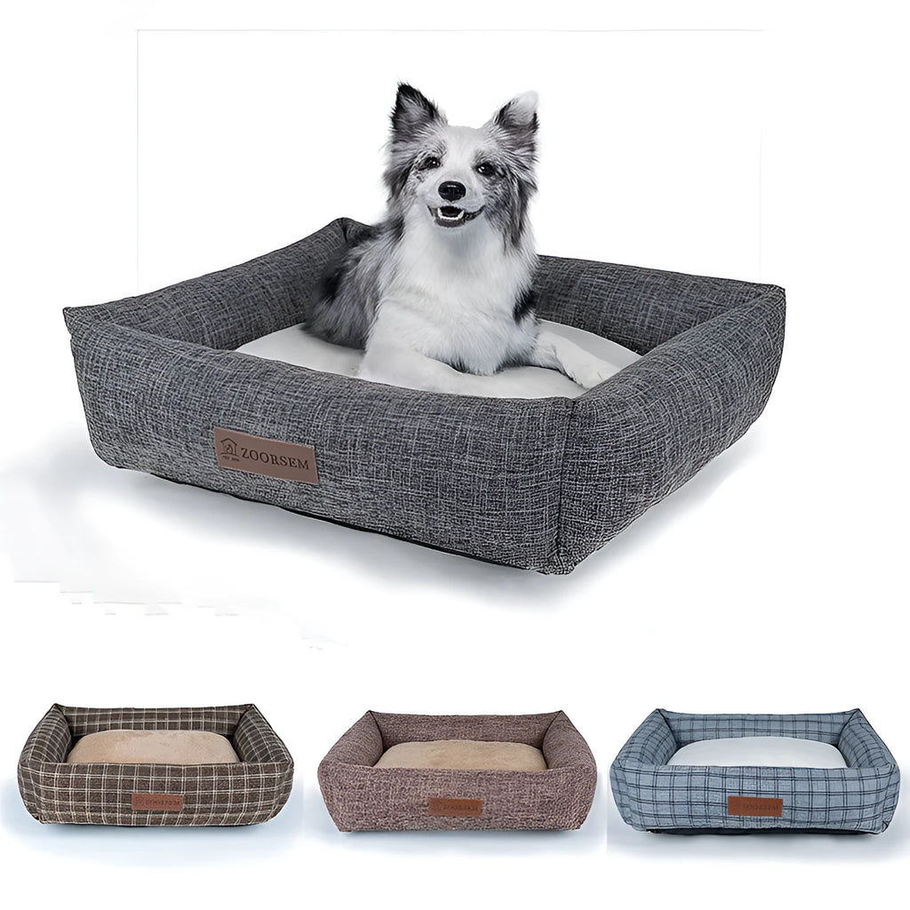 Square linen dog bed in plaid pattern, showing size options for small to extra large dogs.