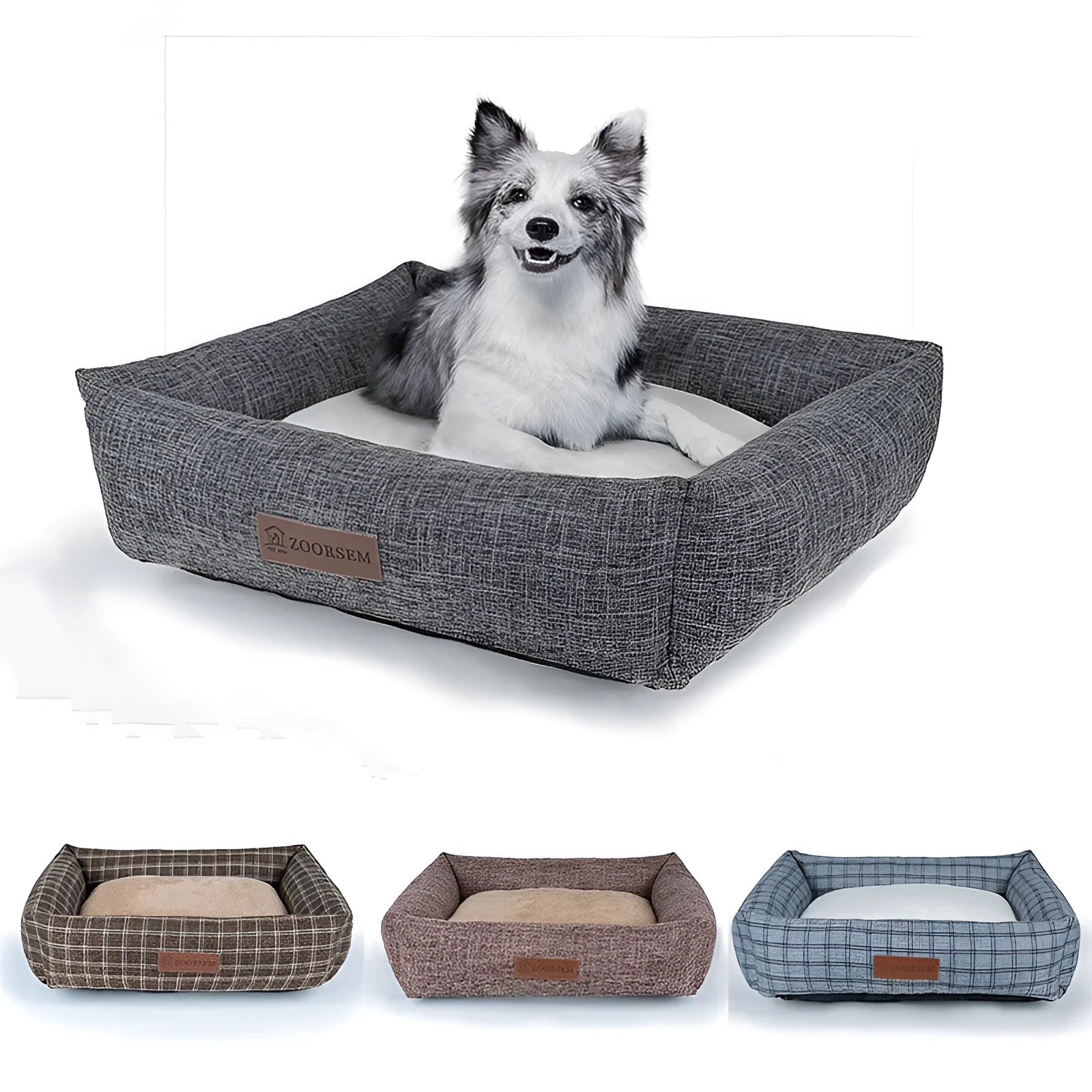 Square linen dog bed in plaid pattern, showing size options for small to extra large dogs.