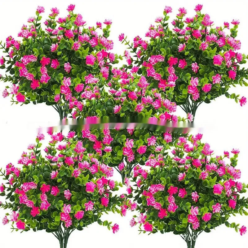 Emulational plastic artificial bouquet with eucalyptus and camellia design in mixed colours on white background