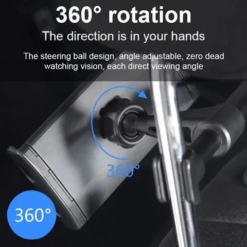 Black car phone holder mounted on vehicle rear seat base with tablet secured in adjustable grip