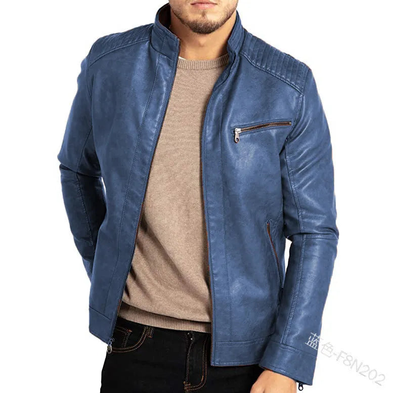 Men's brown artificial leather punk motorcycle jacket with stand collar and patch pocket