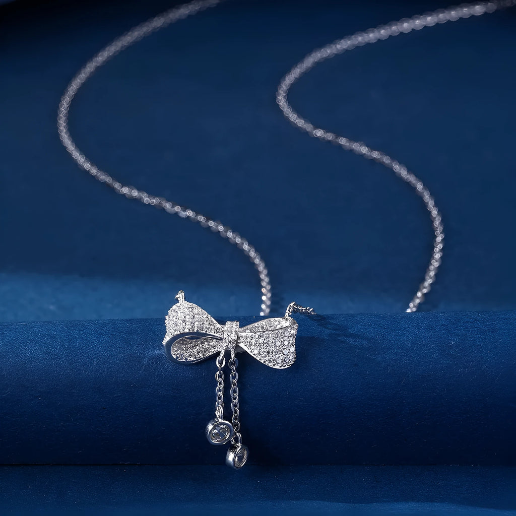 S925 sterling silver bow clavicle chain necklace with adjustable 40cm-45cm O-ring chain and electroplated finish