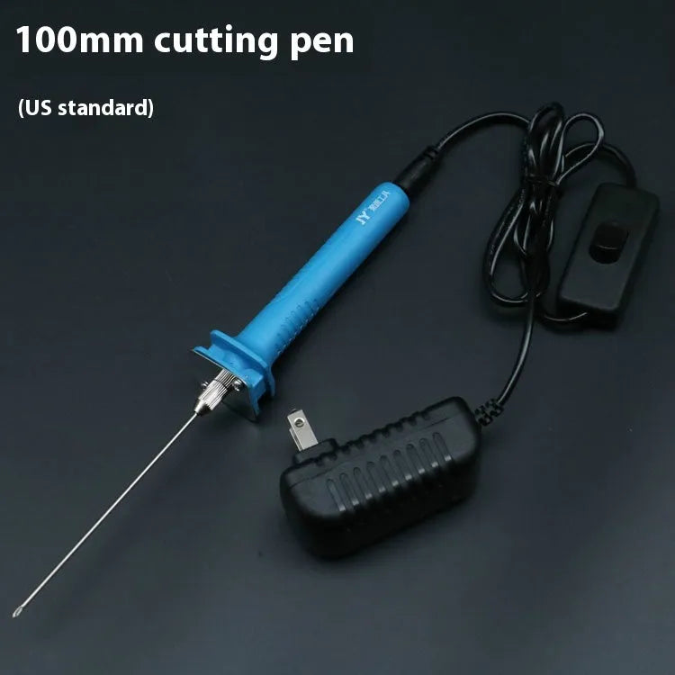 Blue plastic-handled electric heating cutter pen for foam and polystyrene, showing metal tip.