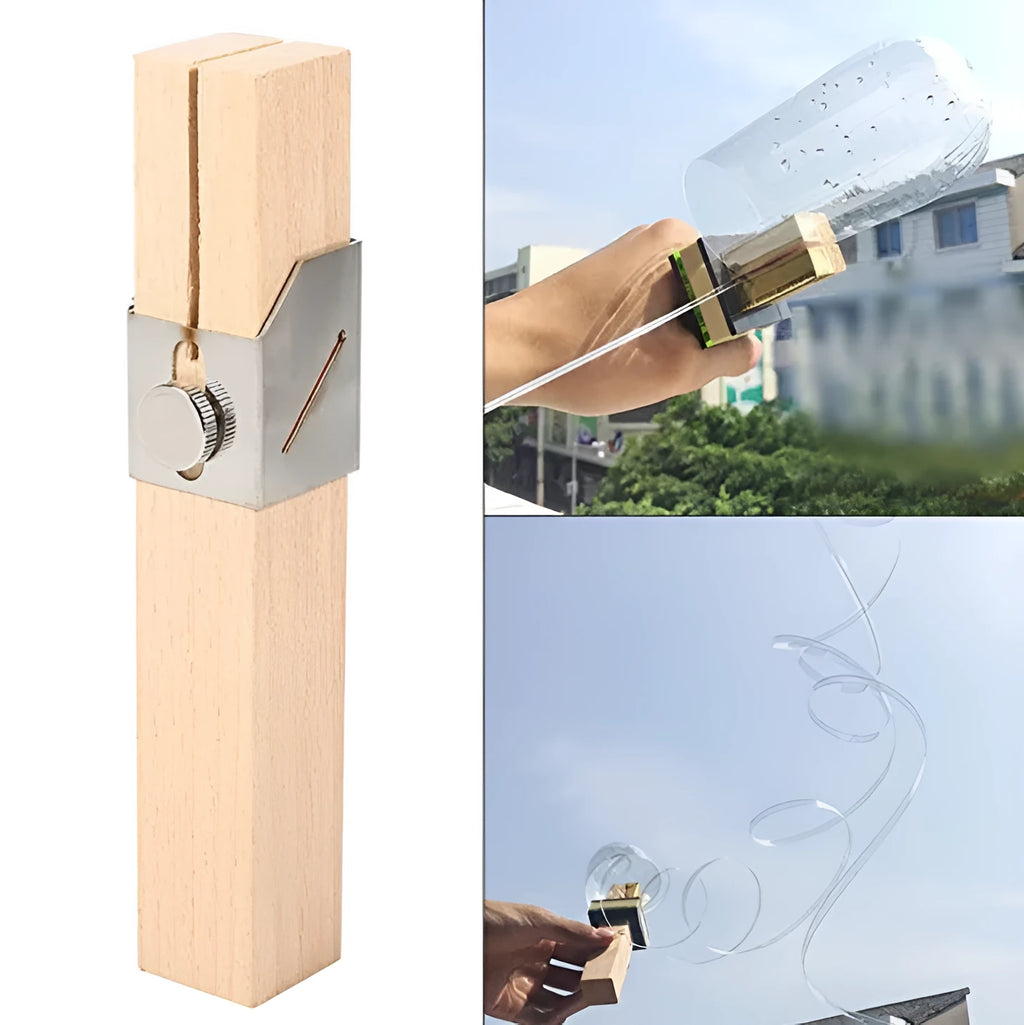 Plastic bottle cutter in log colour on a table showing its compact 2.2cm width and 14cm length