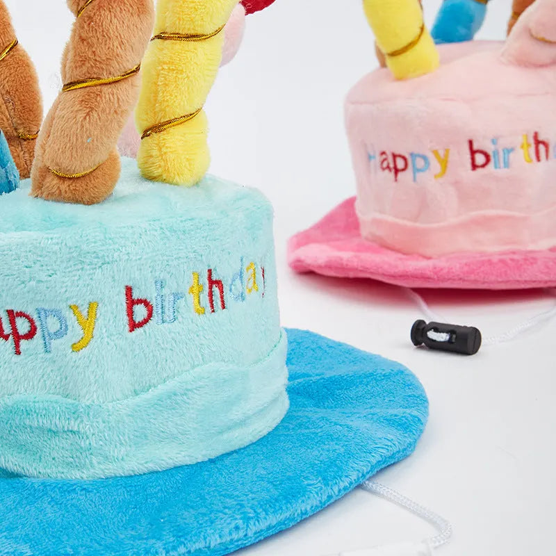 Cute pink and blue birthday hats for small dogs, shown with size scale.