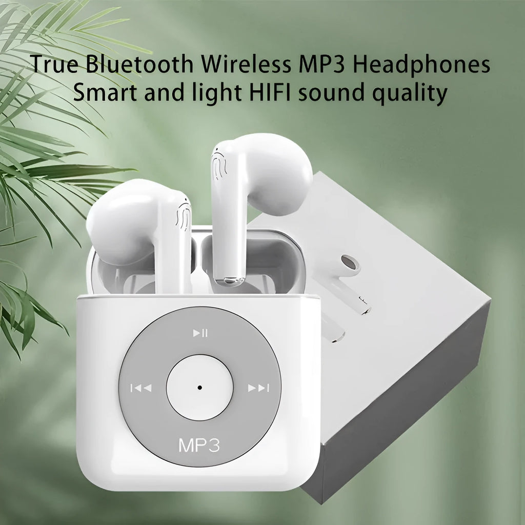 White wireless Bluetooth earphones with semi-in-ear design and a matching charging case on a white background.
