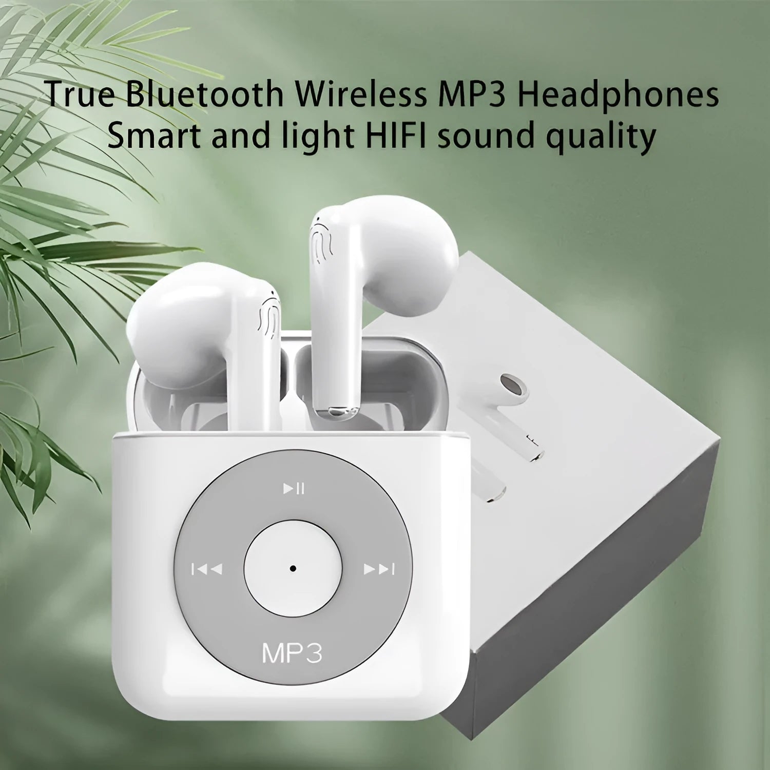 White wireless Bluetooth earphones with semi-in-ear design and a matching charging case on a white background.
