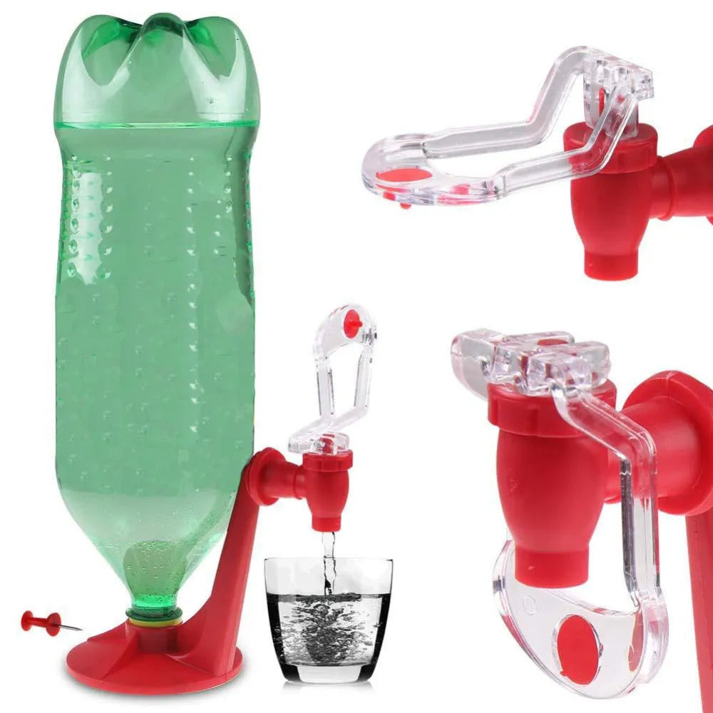 Red plastic soda dispenser attached to 2-litre bottle showing push-button mechanism