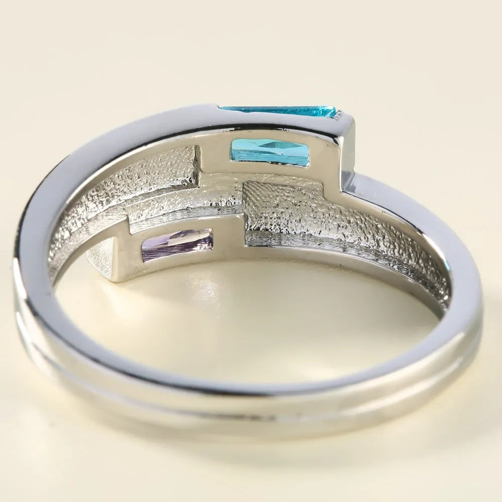 Silver electroplated copper ring with zircon inlaid detailing in European American style