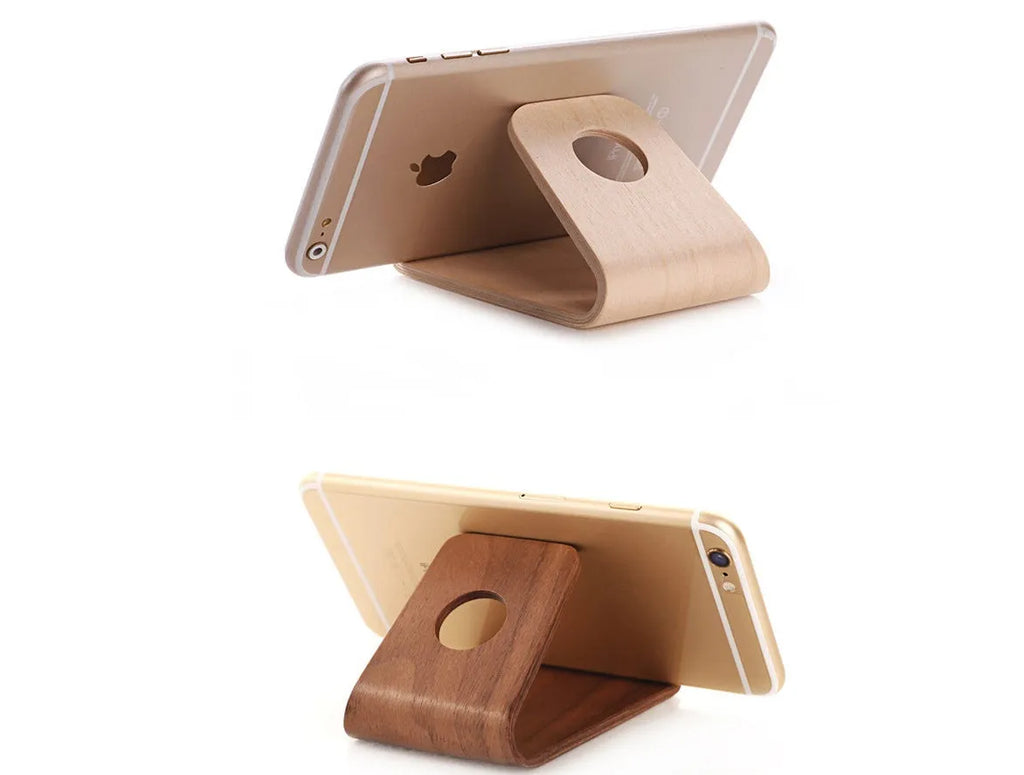 Wooden iPhone charging stand in walnut or white maple finish with cable management