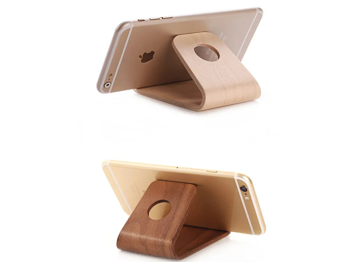 Wooden iPhone charging stand in walnut or white maple finish with cable management