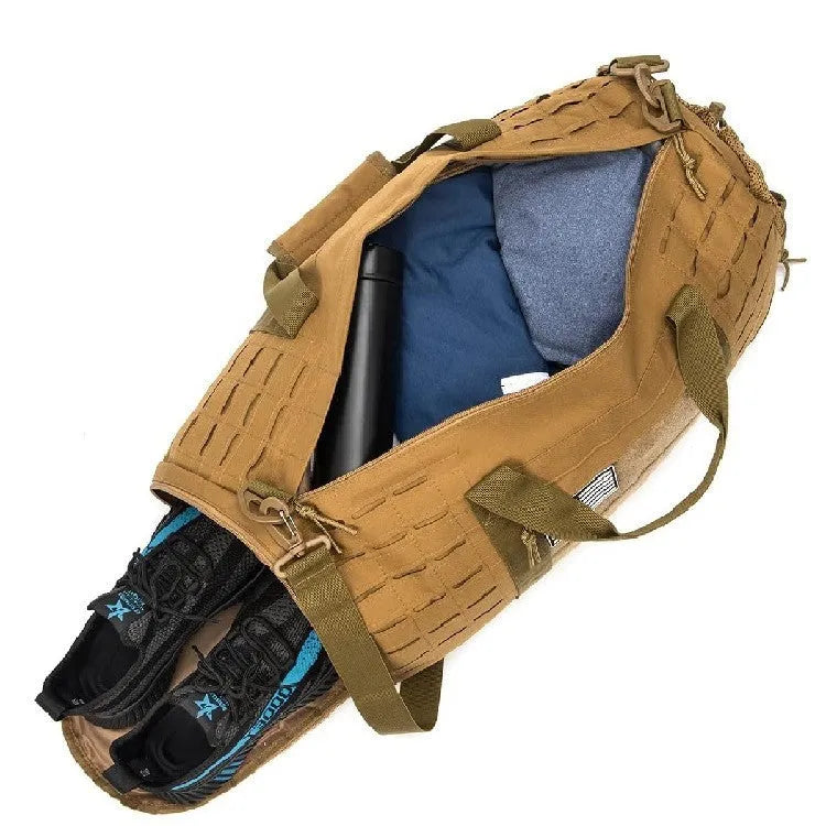 Men's waterproof Oxford cloth sports handbag showing 56x26x25cm dimensions and air pillow belt system
