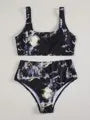 Marble tie-dye print women's high waist bikini set with U-neck design