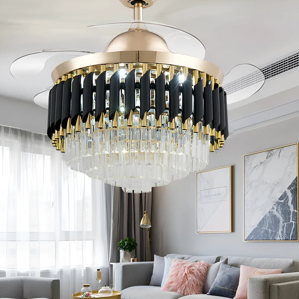 Crystal chandelier style ceiling fan light with remote control on a white ceiling.